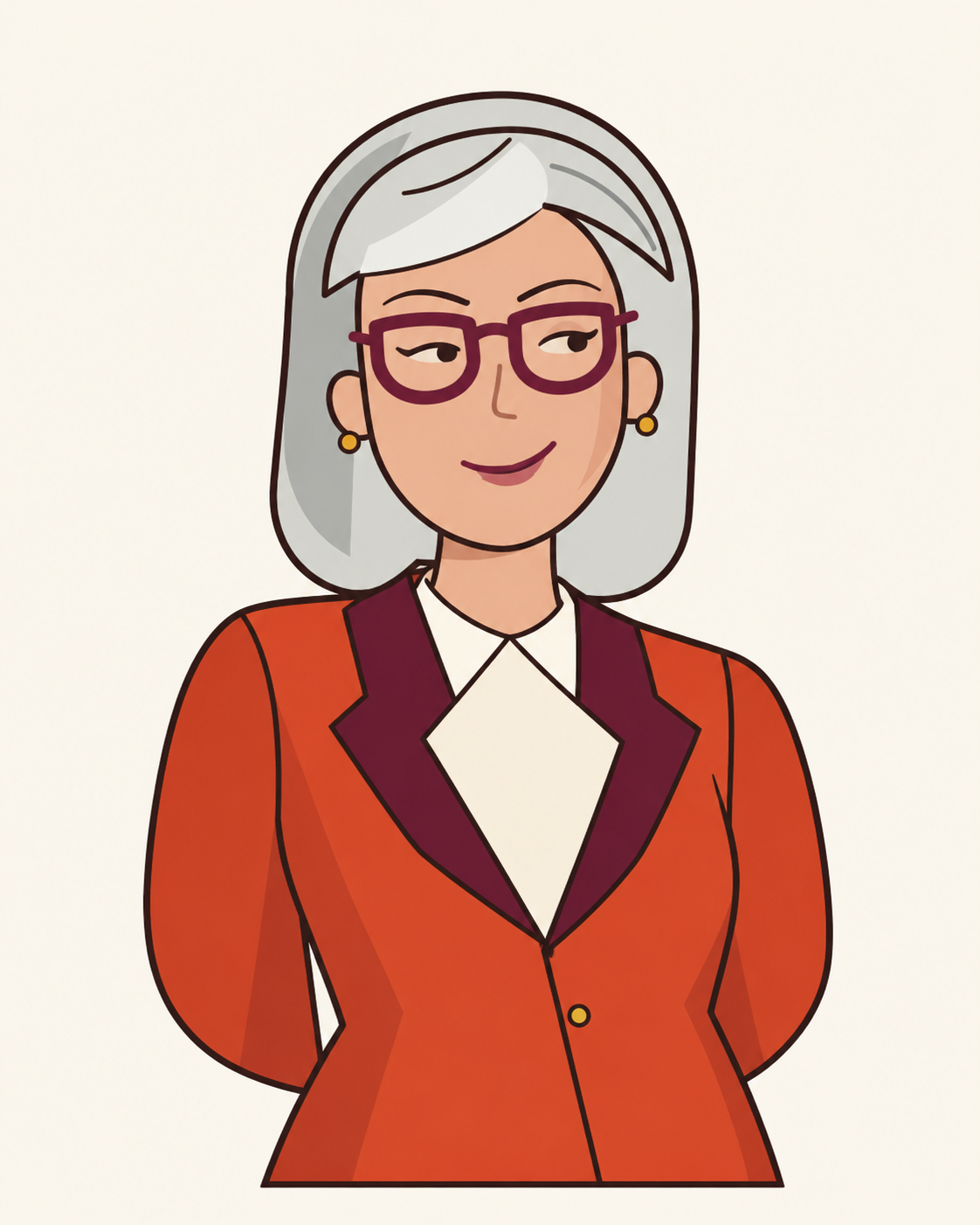 Illustrated Marge with silver hair, merlot glasses, and a terracotta jacket